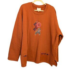 Nu Views Rust Orange XXL Long-Sleeve Top Abstract Patchwork vintage 80s Western